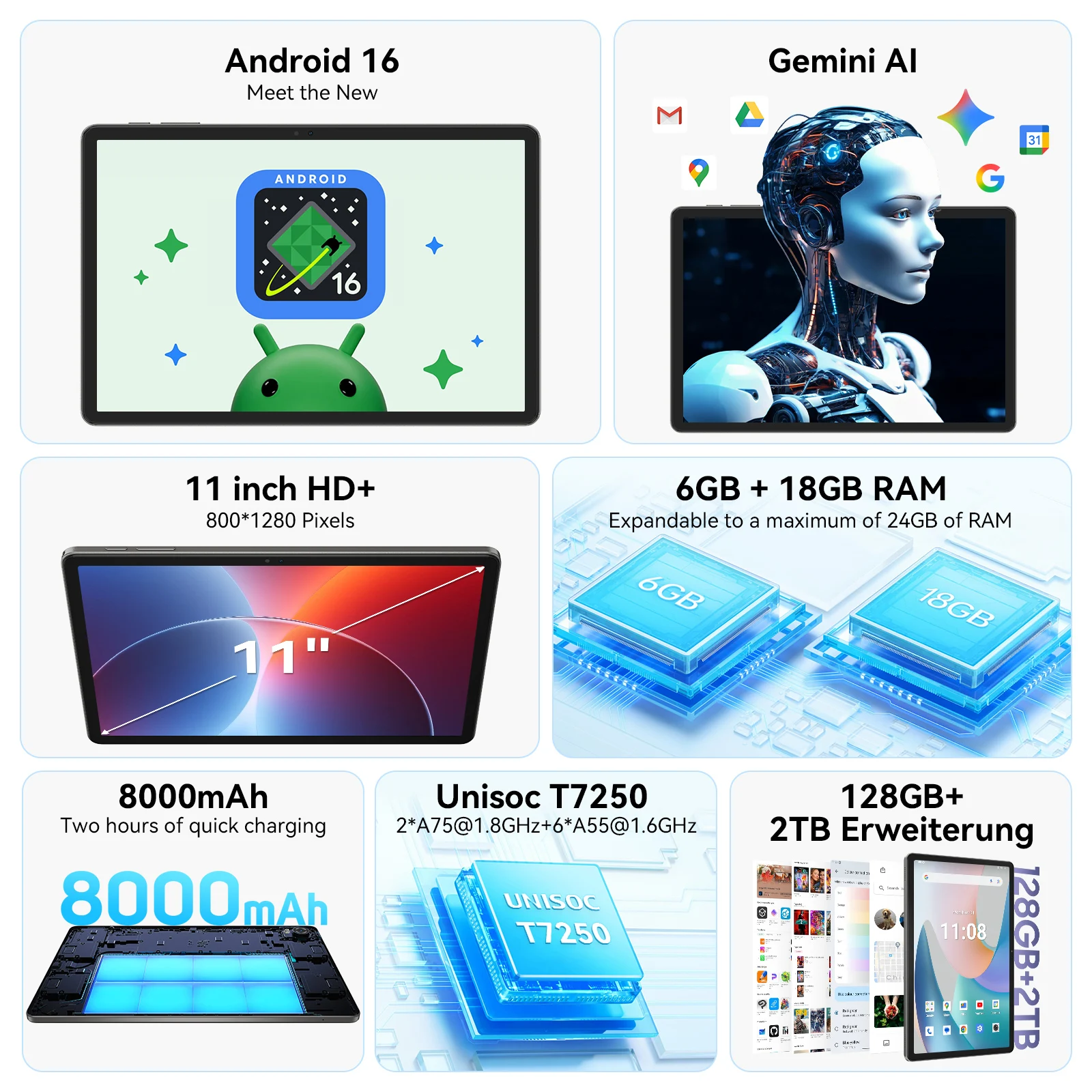11-inch Tablet PC, T50 Tablet PC Android 15, Up to 24GB RAM + 128GB ROM, , 8000mAh Battery, Octa-Core, 5G WiFi