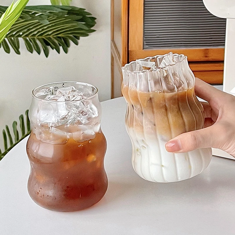 1/2PCS Transparent Glass Cup INS Coffee Mug Heat-resistant Tumbler Drinking Glasses Ripple Water Glasses for Cocktail Beverage