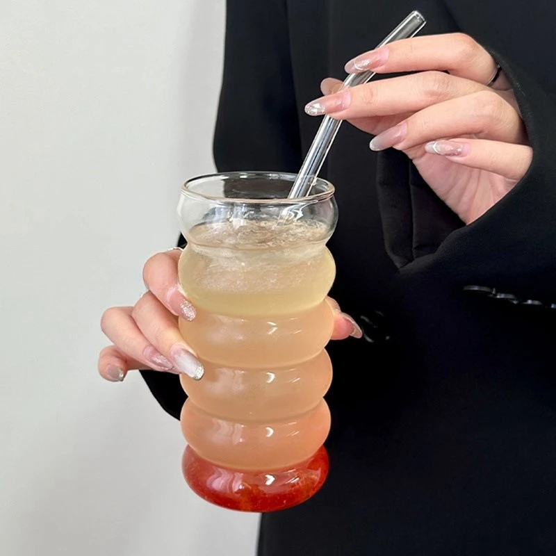 1/2PCS Transparent Glass Cup INS Coffee Mug Heat-resistant Tumbler Drinking Glasses Ripple Water Glasses for Cocktail Beverage