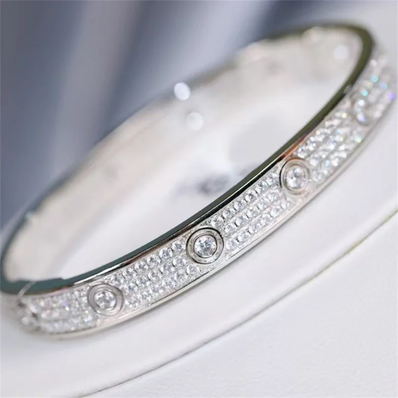 18k Gold Plated Luxury Inspired Bracelet Ring 3 Row Fully Encrusted With Zircons Open Bangle Fashion Party Wear Jewelry Gift