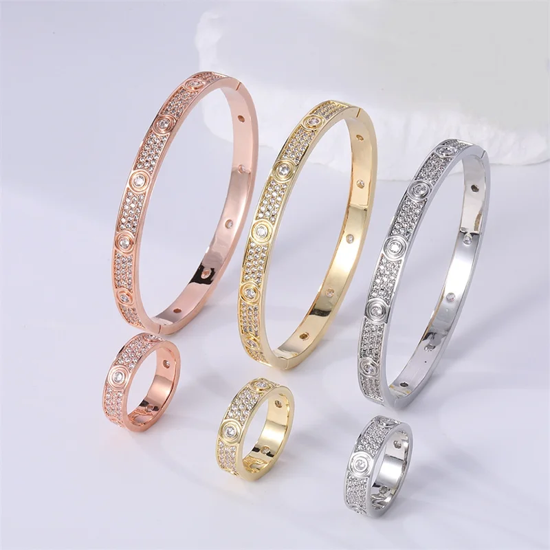 18k Gold Plated Luxury Inspired Bracelet Ring 3 Row Fully Encrusted With Zircons Open Bangle Fashion Party Wear Jewelry Gift