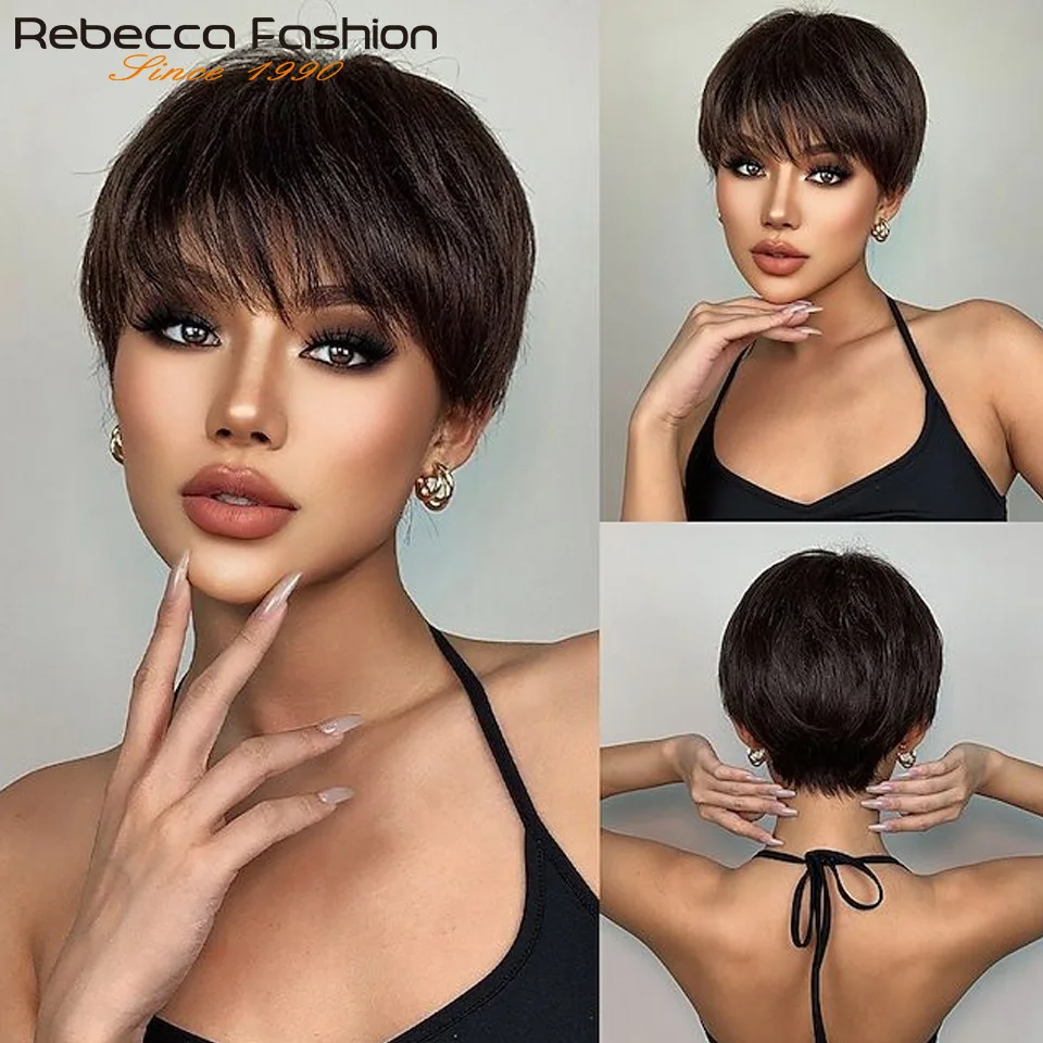 1B Pixie Short Cut Colored Straight Human Hair Wigs With Bangs Fringe Full Machine Made Wigs For Women Brazilian Natural Black