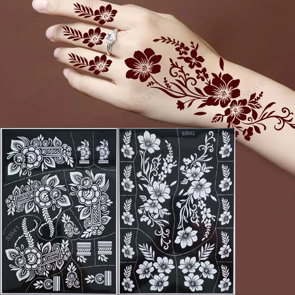 1Pc Hollow Henna Tattoo Template Reusable Flower Tattoo Stencil for Women Hand Body Art Henna Tattoo Tools