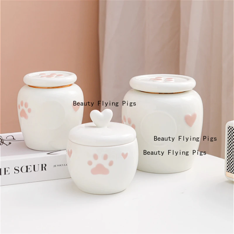 1pc Ceramic Pet Urn, Funeral Cremation Urn for Cats and Dogs, Pet Hair Covered Commemorative Jar,Household Pet Funeral Supplies