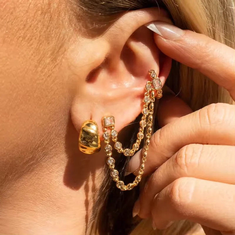 1pc Double Piercing 2 Hole Tassel Chain Mini Cz Hoop Earring Bling Cz Tennis Chain Clip on Earring Cuff Fashion Women Jewelry