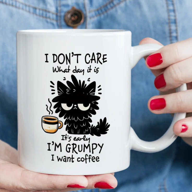 1pc Funny Ceramic Coffee Mug - "I Don't Care What Day It Is, I’m Grumpy, I Want Coffee" - 11oz White Mug with Cat Illustration,