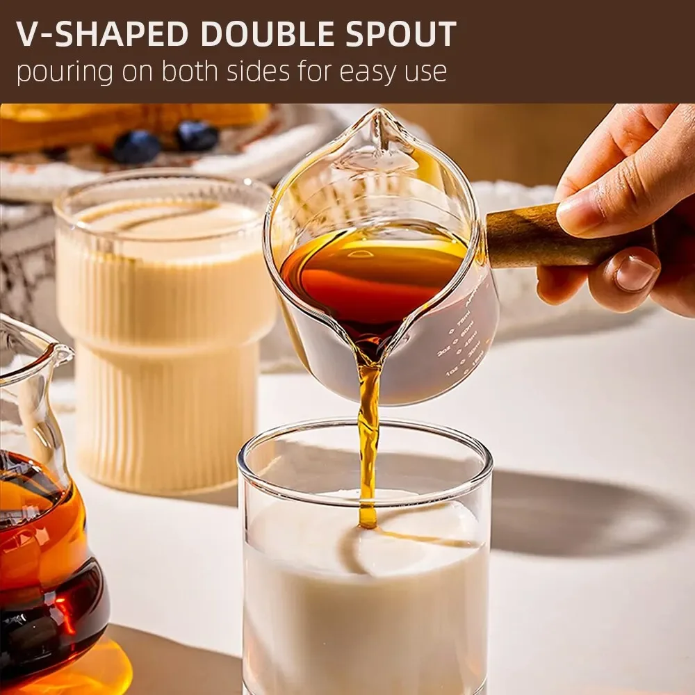 1pc Glass Measuring Cup Wood Handle Glass Espresso Measuring Cup Double Single Mouth Milk Coffee Clear Mug Coffee Supplies