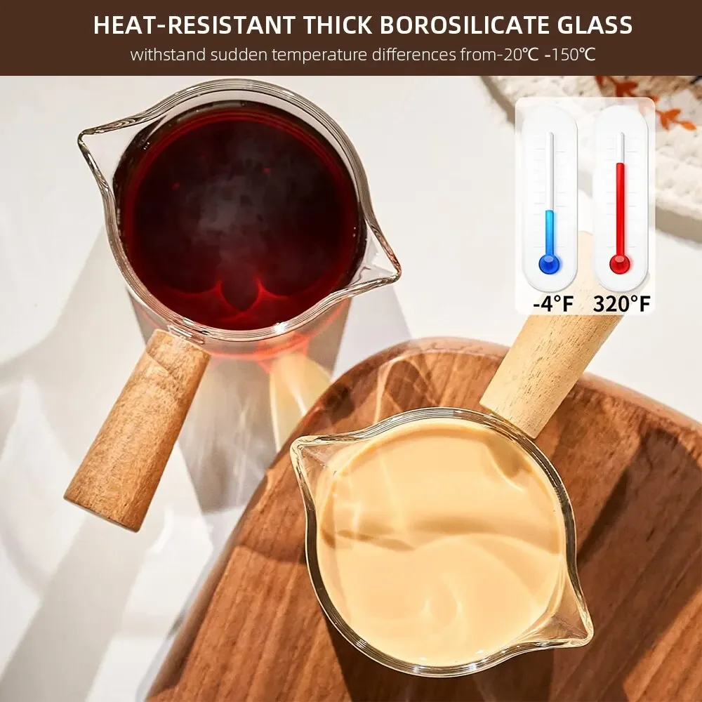 1pc Glass Measuring Cup Wood Handle Glass Espresso Measuring Cup Double Single Mouth Milk Coffee Clear Mug Coffee Supplies