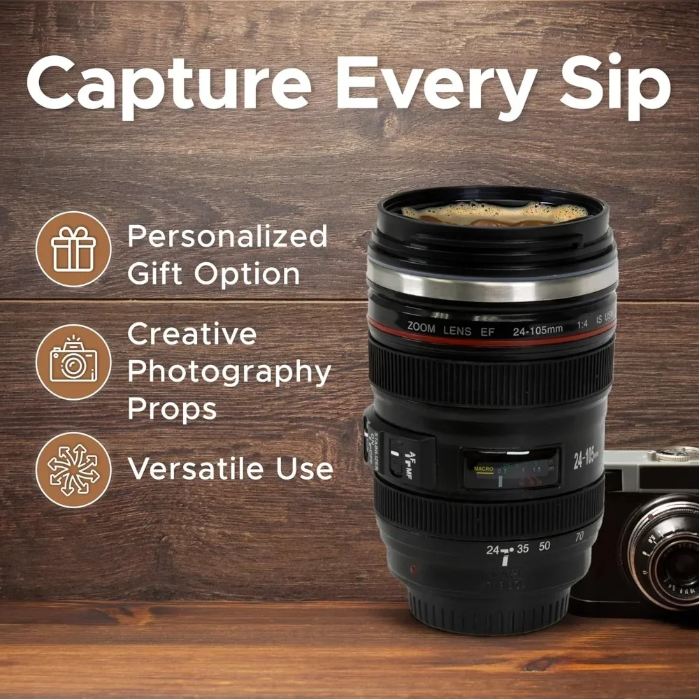 1pc SLR Lens Cup Camera Camera Lens Model Stainless Steel Casual Cup with Lid Coffee Mug White Black Coffee Mugs Creative Gift