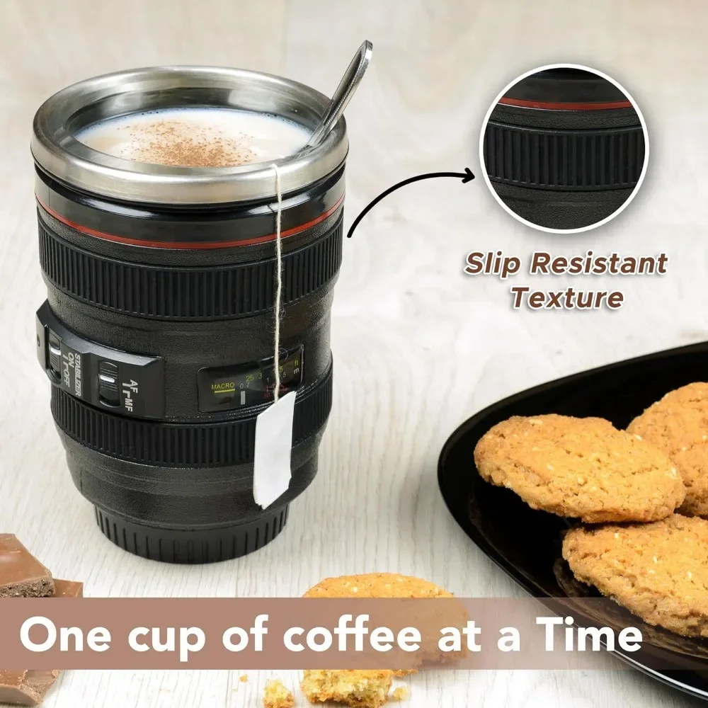 1pc SLR Lens Cup Camera Camera Lens Model Stainless Steel Casual Cup with Lid Coffee Mug White Black Coffee Mugs Creative Gift