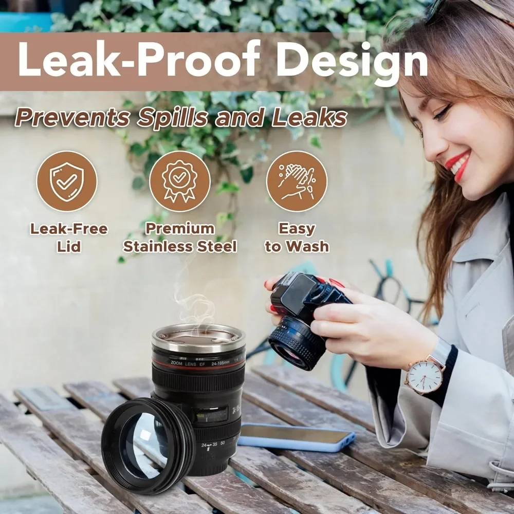 1pc SLR Lens Cup Camera Camera Lens Model Stainless Steel Casual Cup with Lid Coffee Mug White Black Coffee Mugs Creative Gift