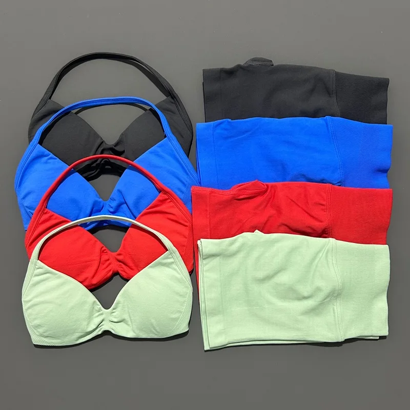 2 Piece Histello Sport Set Women Seamless Yoga Tank Bra High Waist Scrunch Bum Gym Shorts Sets Fitness Running Workout Suit