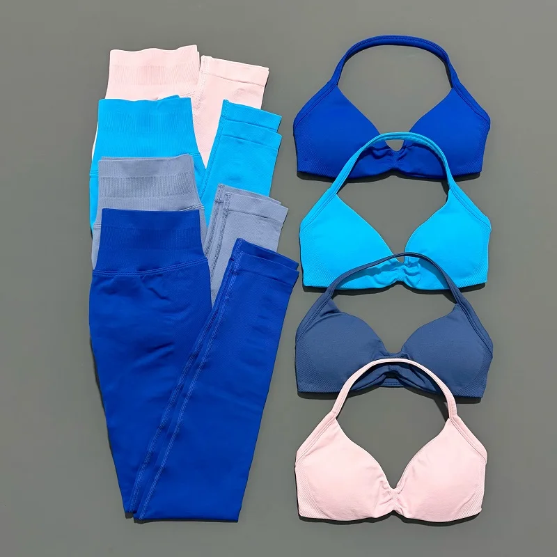 2 Piece Sport Set Women Yoga Backless Halter Bra High Waist Scrunch Seamless Pants Sport Suit Gym Sportswear Workout Set