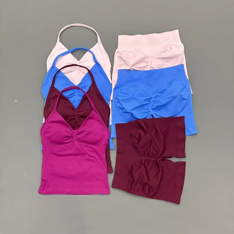 2 Piece Women Yoga Set Backless Tank Tops Scrunch Seamless Shorts Slim Fit Skin-friendly 4 Way Stretch Comfy Sport Gym Suit