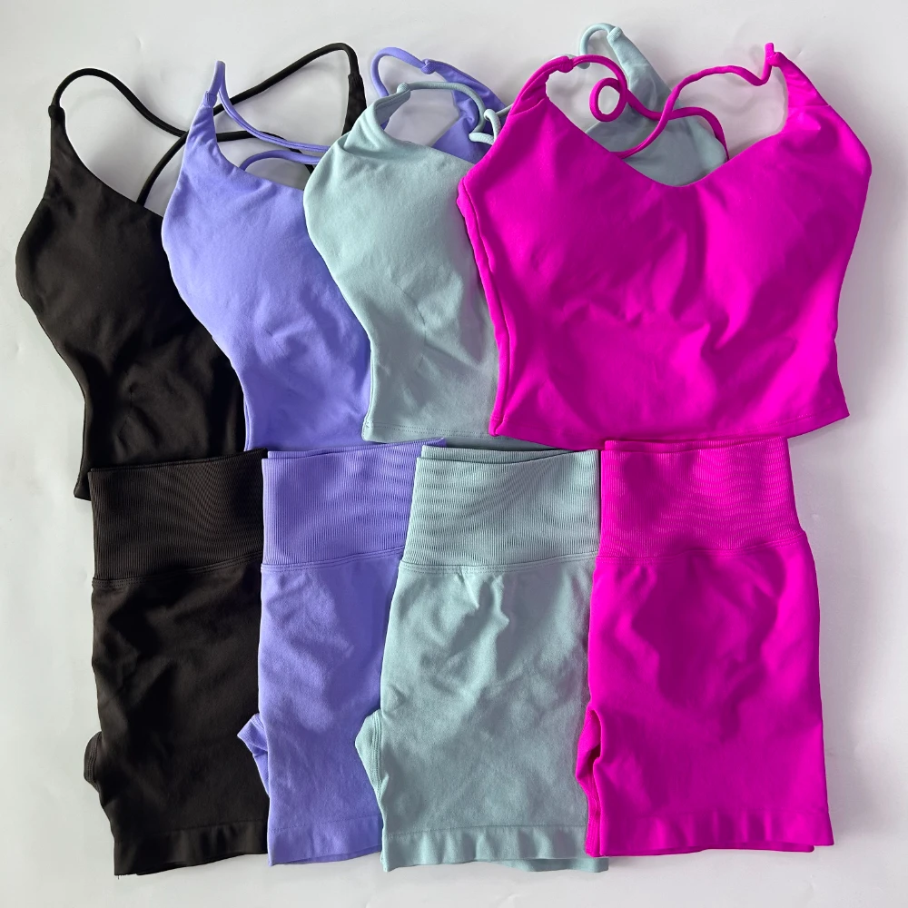 2 Pieces Gym Set Women Seamless Backless Strappy Top High Waist Yoga Shorts Gym Suit Fitness Clothes Sportswear Workout Sets