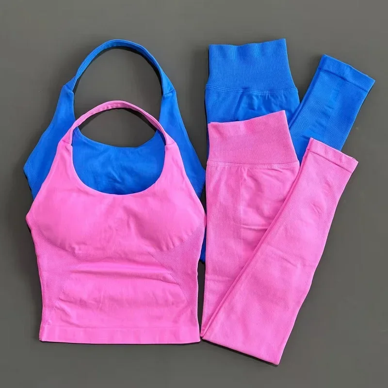 2 Pieces HISTELLO Women Sports Set Backless Tank Top High Waist Scrunch Leggings Seamless Gym Workout Sportswear Fitness Suit