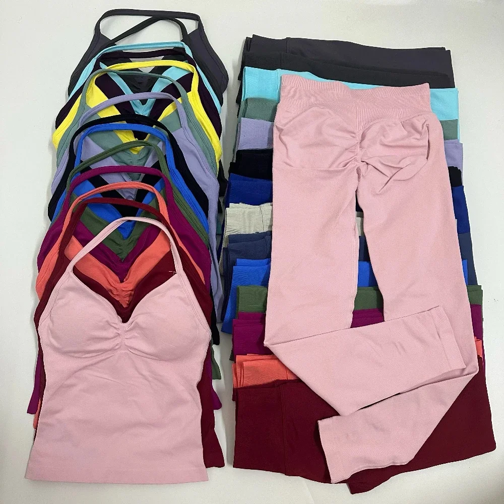 2 Pieces Set Impact Leggings Set Women Backless Tank Tops High Waist Scrunch Gym Suit Fitness Clothes Outfit Workout Yoga Set