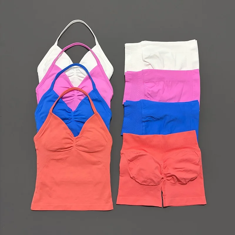 2 Pieces Sports Set Women Backless Tank Yoga Tops High Waist Scrunch Seamless Shorts Sport Gym Set Sportswear Workout Set