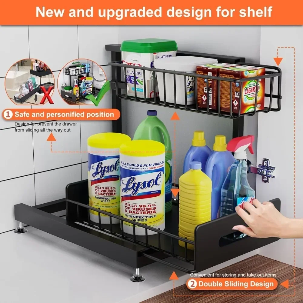 2-Tier Sliding Kitchen Basket Sink Shelf Cabinet Organizer 2 Pack on Sale