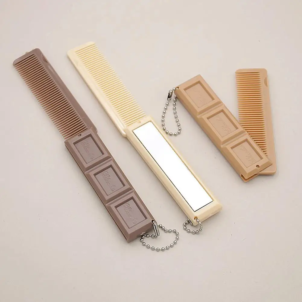 2 in 1 Folding Chocolate-Shaped Folding Comb with Mirror Portable Massage Comb Brush for Salon Travel Hair Smooth Styling Tools