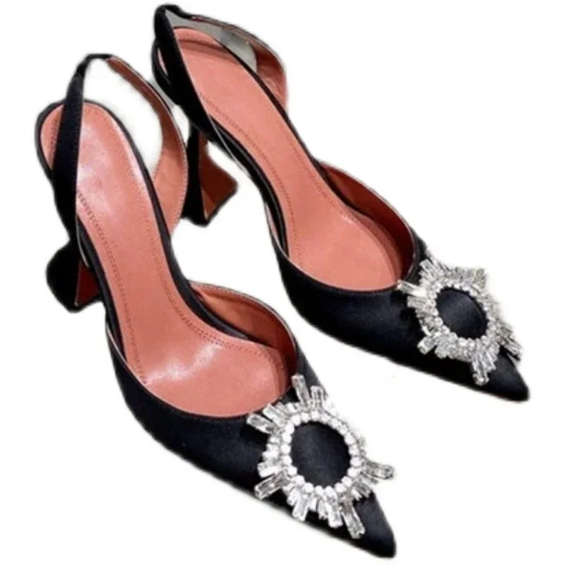 2024 New Silk Sunflower Crystal Diamond Buckle High Heels Horseshoe and Women's Sandals