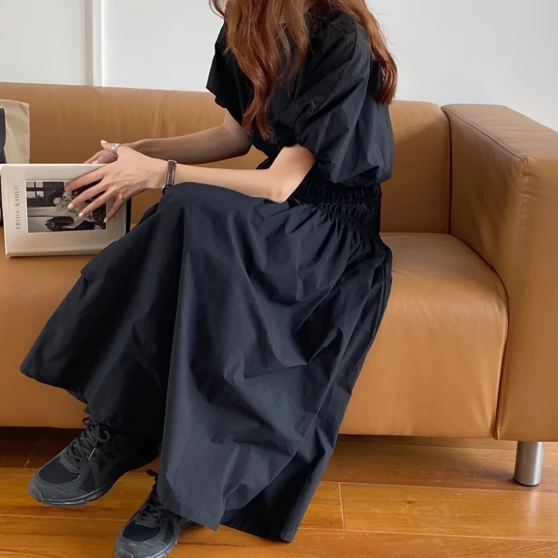 2024 New Women Summer Vintage 2 Two Pieces Skirt Set Puff Sleeve Crop Top with Elastic High Waist Long Skirts