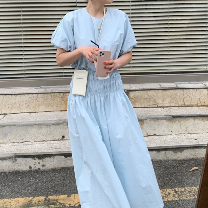 2024 New Women Summer Vintage 2 Two Pieces Skirt Set Puff Sleeve Crop Top with Elastic High Waist Long Skirts