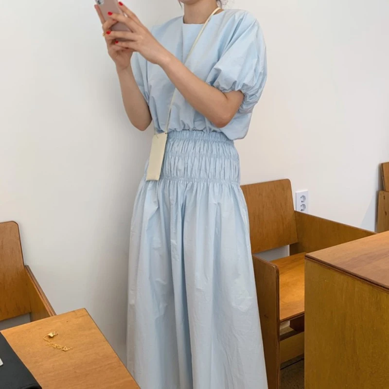 2024 New Women Summer Vintage 2 Two Pieces Skirt Set Puff Sleeve Crop Top with Elastic High Waist Long Skirts