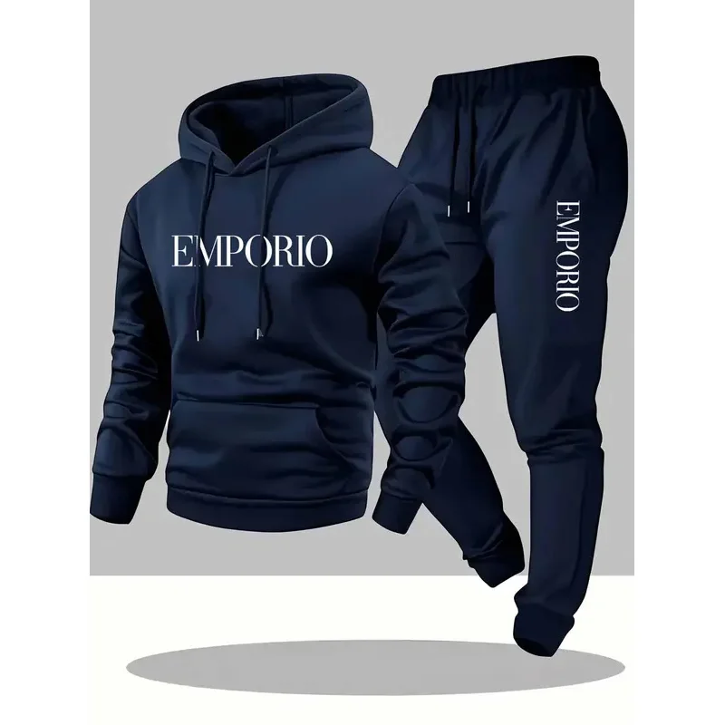 2025 Men's Olive Green Casual Cargo Sweatshirt Jogger Set EMPORIO Print Drawstring Hood Pullover Top Multi-Pocket