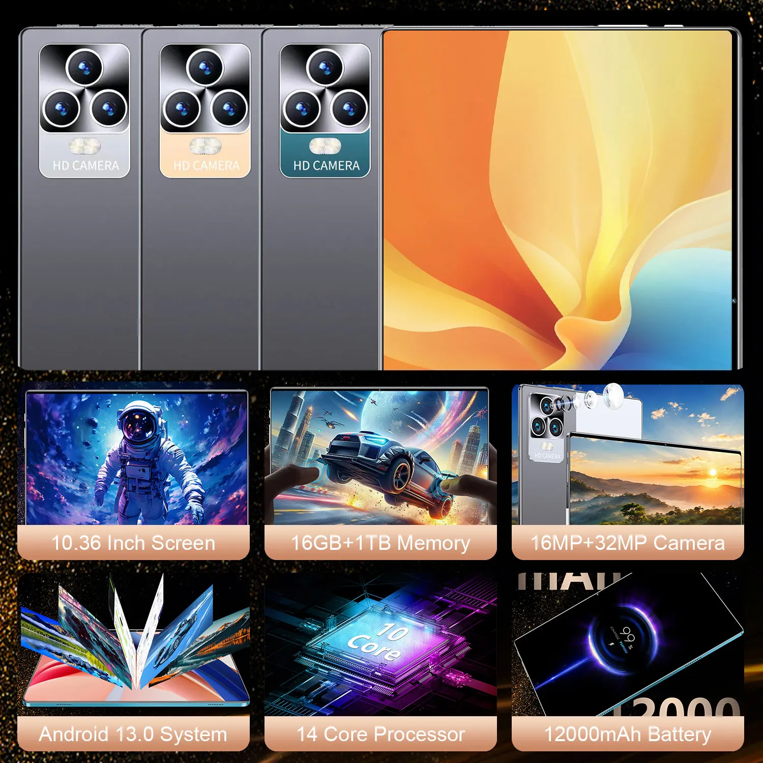 2026 5G New 10.36Inch Tablet Android 16GB RAM 1TB ROM Android 13.0 12000mAh Battery 16MP 32MP 10 Core Dual Sim Network Bluetooth