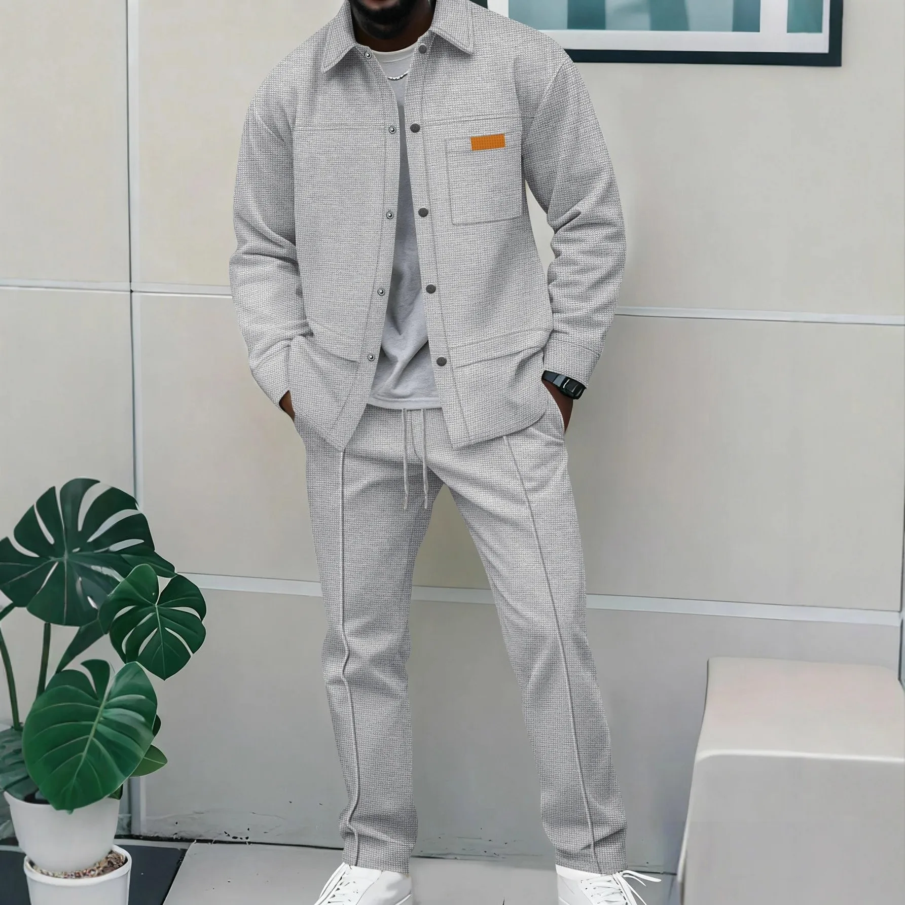 2026 Men's New Style Waffle Plain Color Collar Button-Down Pockets Long-Sleeved Pants Casual Jacket Set