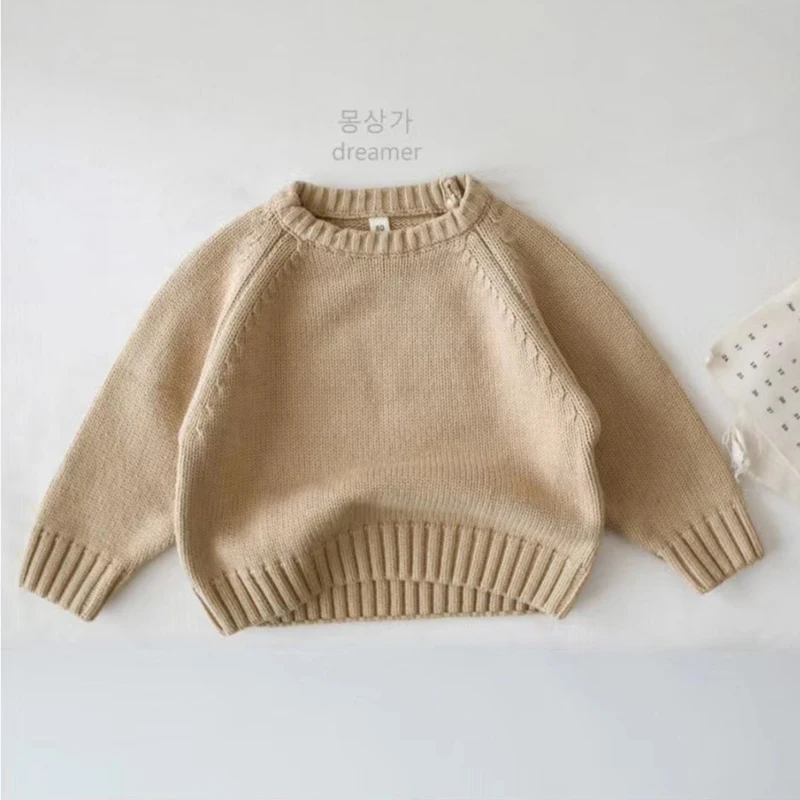2026 Spring New Pure Cotton Solid Kids Sweaters Vintage Boys Pullover Knitwear for 1-7 Years Toddler Girls Sweater Shirt Outwear