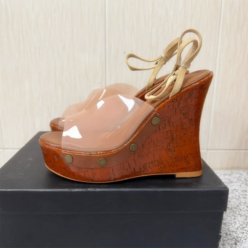 2026 Summer Gladiator Sandals Women Wedges Shoes Transparency Ankle Strap High Heel Thick Bottom Wood Grain Platform Sandals