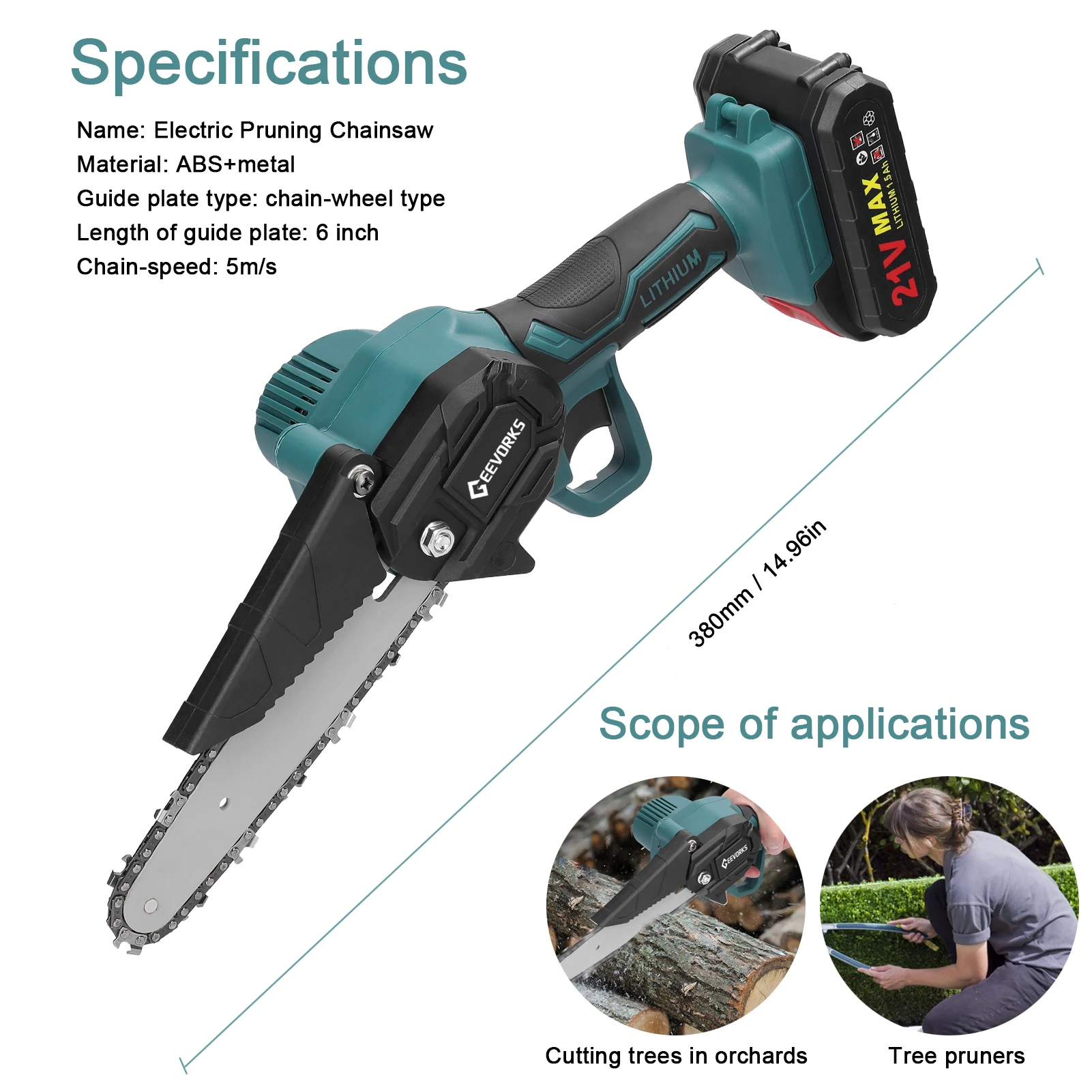 21V 6inch Electric Cordless Chain Saw Lithium Battery Rechargeable Wood Spliting Electric Chainsaw One-handed Woodworking Tools
