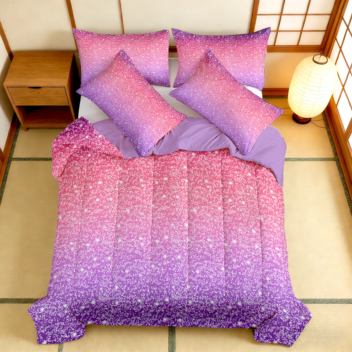 2/3pcs Pink Blue Purple Ombre Glitter Print Bed Comforter Sets, Twin Full Queen King Sizes, 1 Comforter + 1/2 Pillowcases, Soft