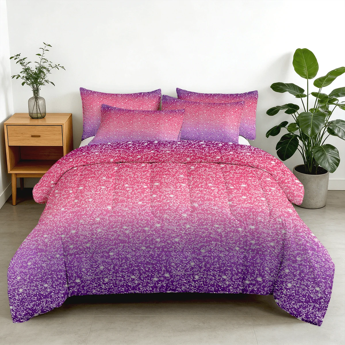 2/3pcs Pink Blue Purple Ombre Glitter Print Bed Comforter Sets, Twin Full Queen King Sizes, 1 Comforter + 1/2 Pillowcases, Soft