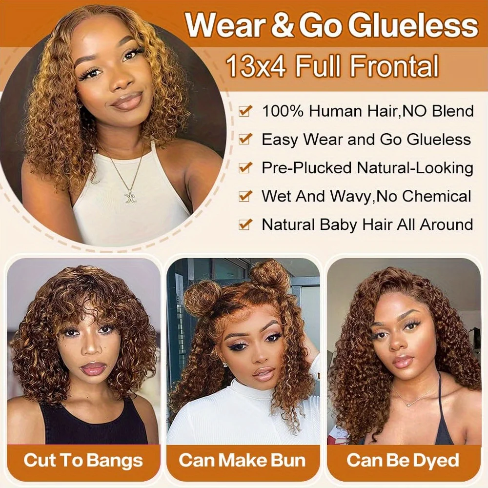 250% Density 4/27 Ombre Highlight Deep Wave Curly Bob Wigs Human Hair Pre Plucked 13x4 HD Honey Blonde Highlight Lace Front Wig