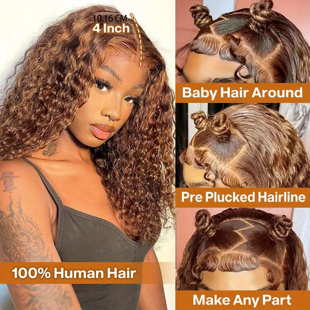 250% Density 4/27 Ombre Highlight Deep Wave Curly Bob Wigs Human Hair Pre Plucked 13x4 HD Honey Blonde Highlight Lace Front Wig