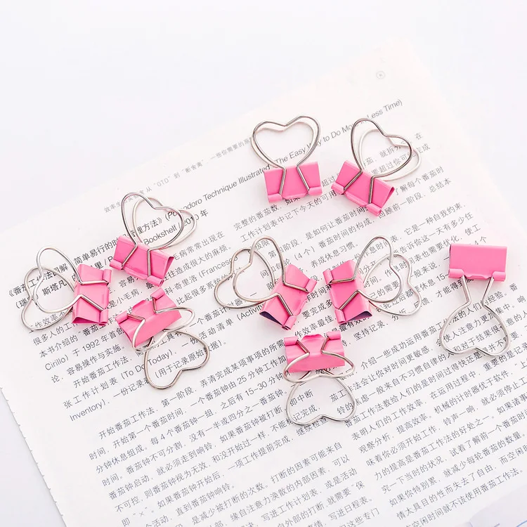 25Pcs Mini Cute Pink Long Tail Clip Love Shape Student Exam Paper Folder Photo Album Metal Binder Office School Stationery