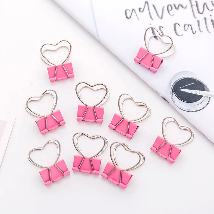 25Pcs Mini Cute Pink Long Tail Clip Love Shape Student Exam Paper Folder Photo Album Metal Binder Office School Stationery
