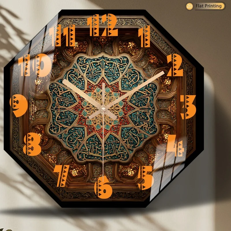 2D-Flat Distinctive Islamic Calligraphy Octagon Intricate Geometric Wall Clock for Office Kitchen Halloween Mother's Day Gifts