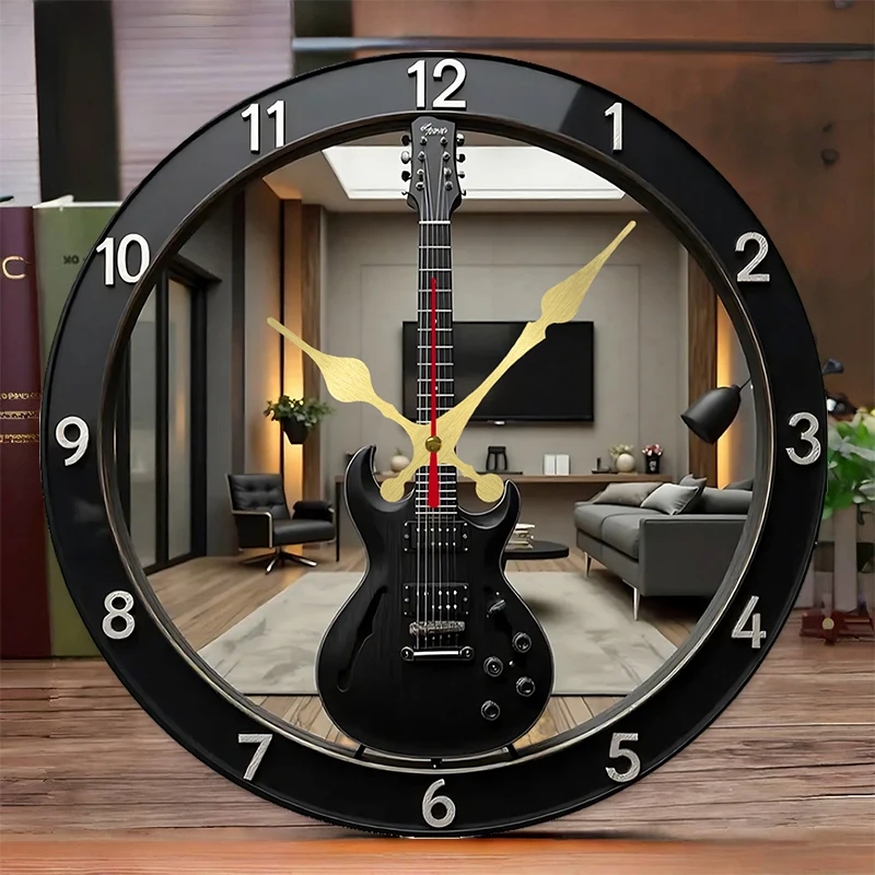 2D Flat Electric Guitar-Shaped Wooden Round Silent Hanging Wall Clock, For Living Room,Office,Study Room,Bedroom,Home Decoration
