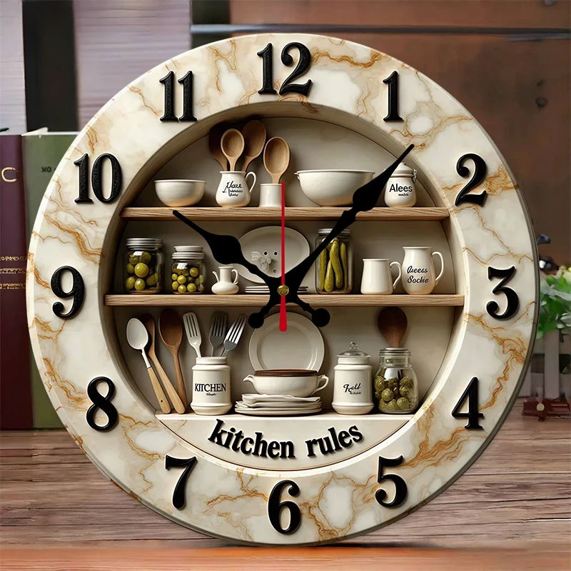 2D Flat Kitchen Rules Design Wooden Round Silent Hanging Wall Clock,For Living Room,Office,Study Room,Bedroom, Home Decoration