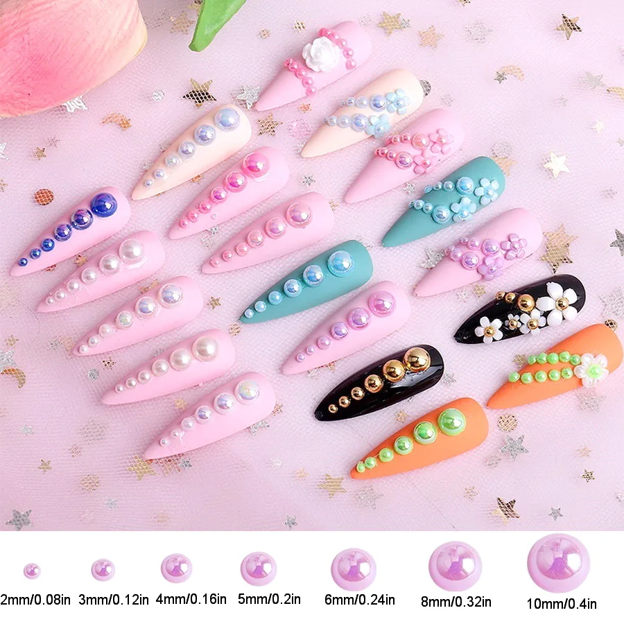 2MM-10MM, Flower Box, 5000pcs/P, AB Colors Flatback Half Round Pearl Rhinestones, Crystal Gems Non HotFix Jewelry Beads Diy.