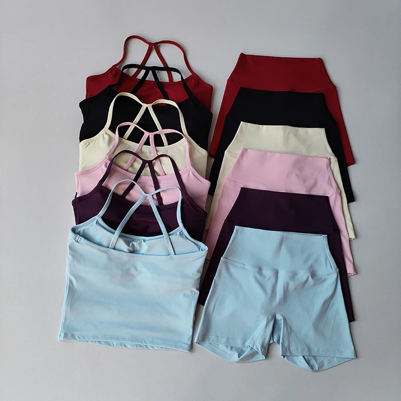 2PCS Gym Fitness Medium-intensity Sports Vest Beauty Back Yoga Suit Sports Bra Women Pilates Bra High Waist Hip Lift Shorts Set