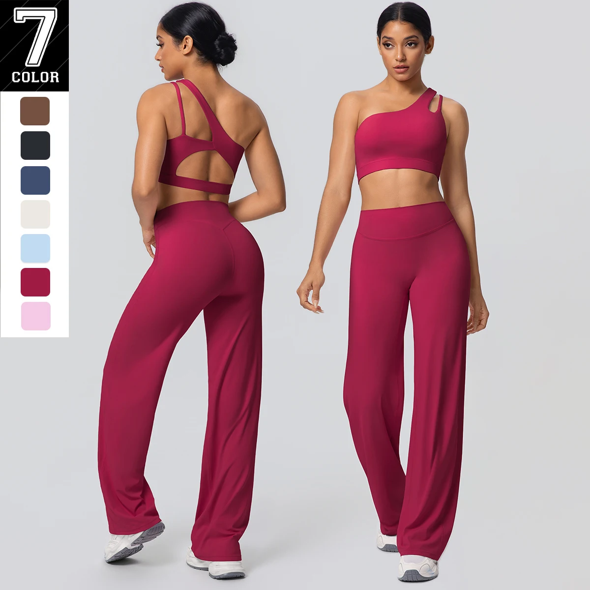 2PCS Women Lifting Buttocks Sports Yoga Set Quick Drying High Waisted Wide Leg Pants Sexy Backless Single Shoulder Bra Yoga Set