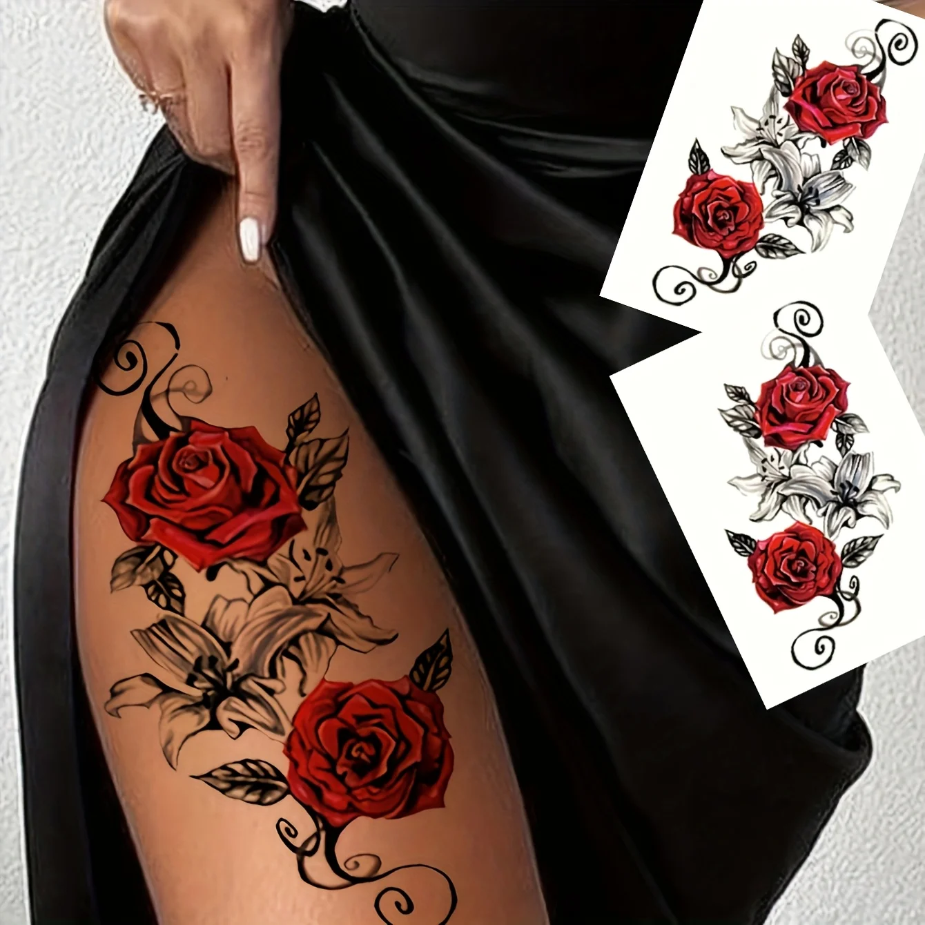2pcs Red Temporary Rose Flower Arm & Leg Tattoo Stickers, Stripper Chest & Thigh Design, Waterproof, Perfect for Women