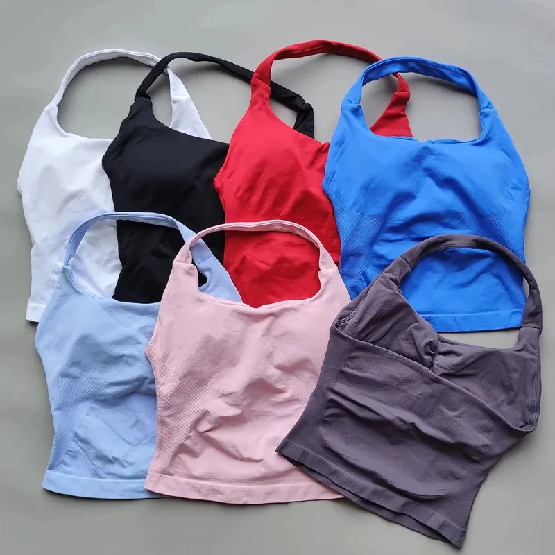 2pcs Women Gym Set Halter Tops High Waist Scrunch Seamless Shorts Fitness Clothes Activewear Workout Set Outfits Gym Suit