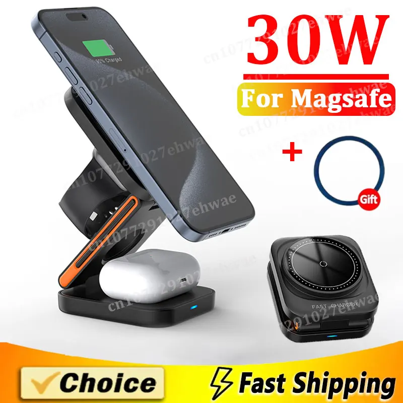 3 in 1 Foldable Charging Station Fast Magnetic Wireless Charger Stand for iPhone 17 16 15 14 13 12 Apple Watch 8 7 6 Airpods Pro