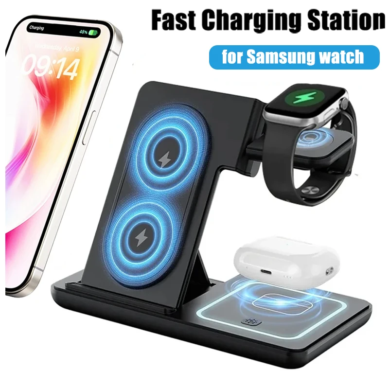 3 in 1 Foldable Wireless Charger Desk Stand For Samsung S24 S23 Galaxy Watch 2-8 Active 1 2 Buds Pro LED Fast Charging Station